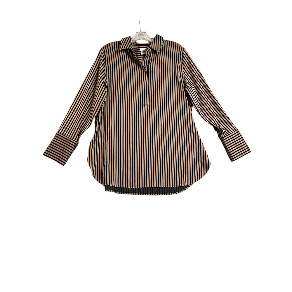 Chicos Tan Black Striped Blouse 2 US 12 14 Long Sleeve Button Front - Picture 2 of 9